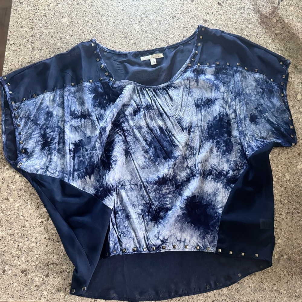 Tie-Dye Blue Sheer Oversized Blouse with Studded Accents - Size S ⭐✨
